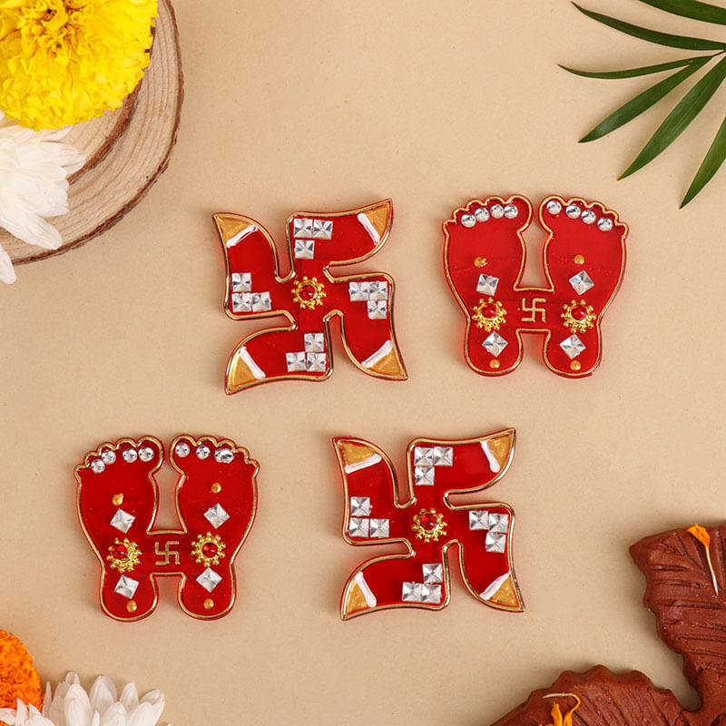 Red & Golden Swastik Stick On With Charan Paduka