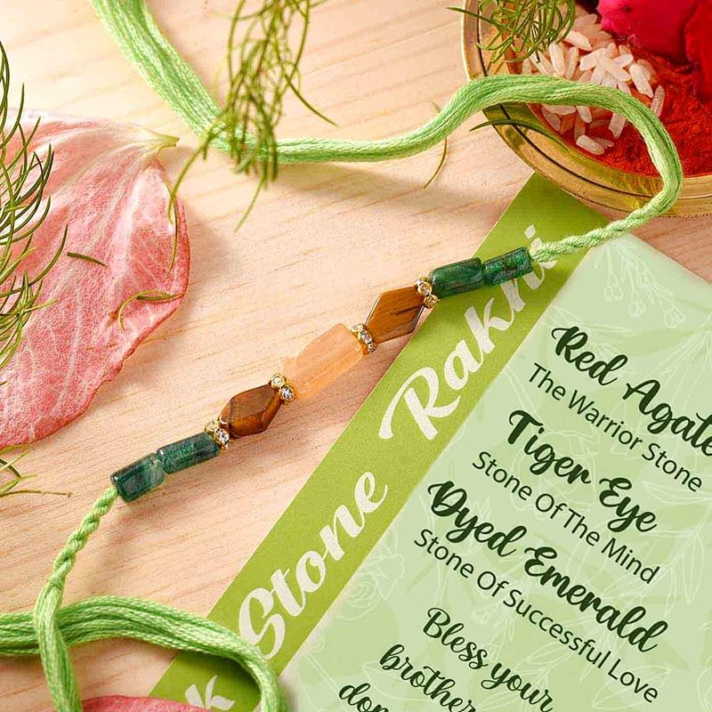 Red Agate N Tiger Eye Stone Dyed Emerald Rakhi
