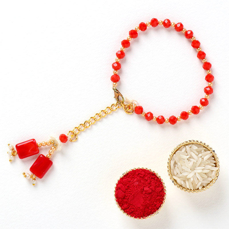 Red Beads Lumba Rakhi For Bhabhi