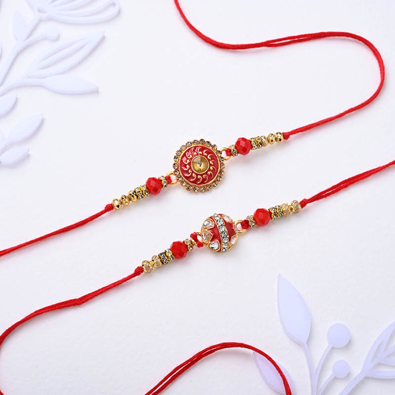 Red Beads Rakhi Duo With Soan Papdi