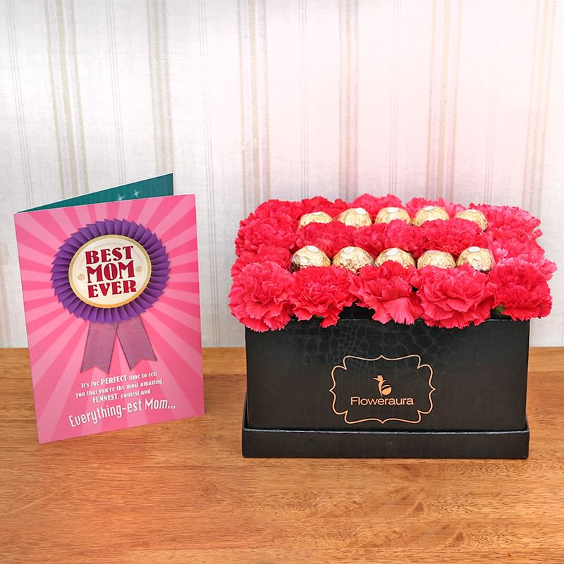 Arrangement of 22 Red Carnations -Red Carnations N Ferrero Box