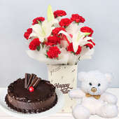 Red Carnations With Teddy N Cake - Bunch of 12 Red Carnations and 2 White Lilies with Birthday Flower Box and 500gm Chocolate Cake