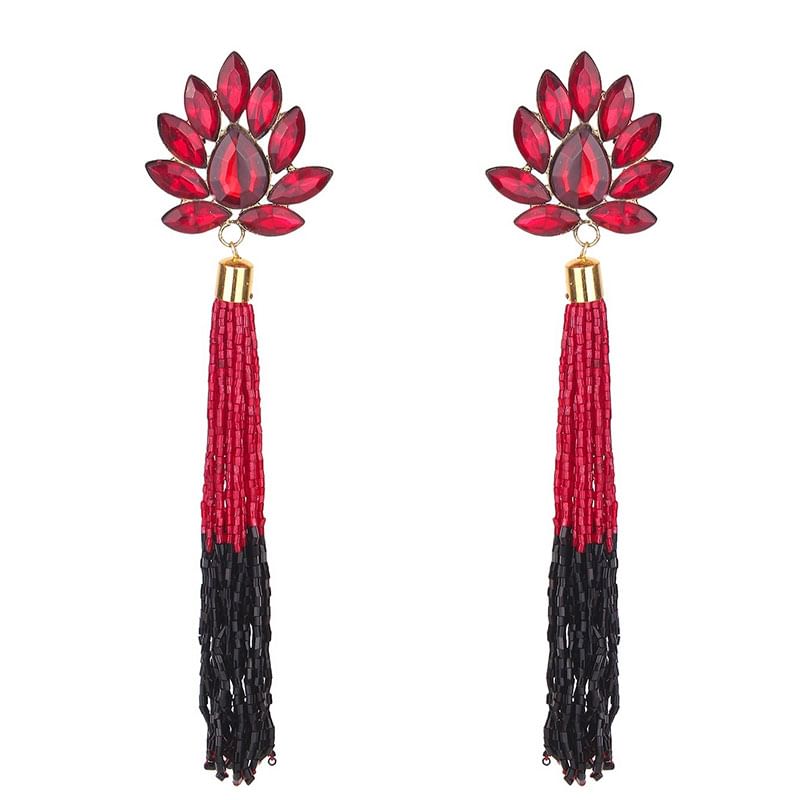 Front view of Red Crystal Tassel Earrings