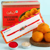 Red Designer Rakhi With Motichoor Ladoo- Rakhi Sweets