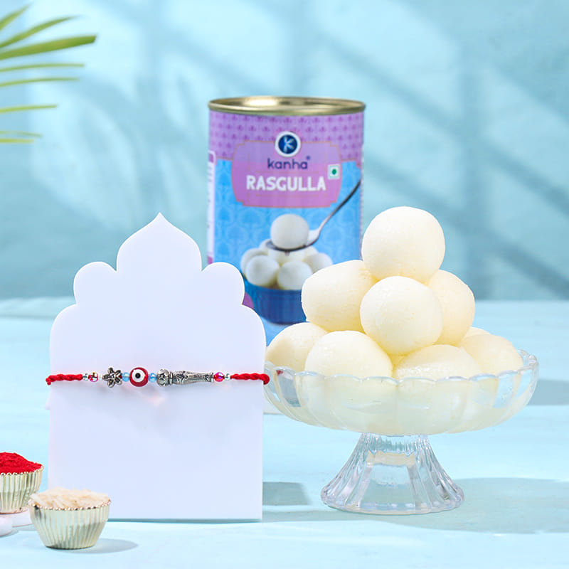 Red Evil Eye Rakhi With Rasgullas
