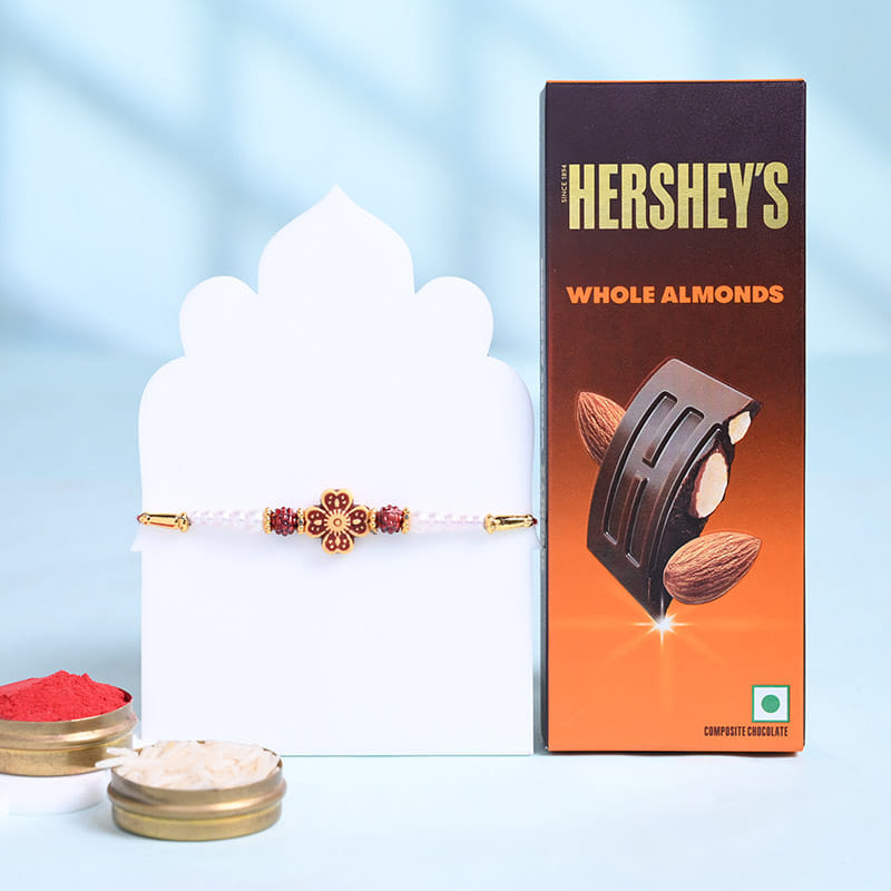 Red Floral Rakhi With Hersheys Walnut Choco Bar