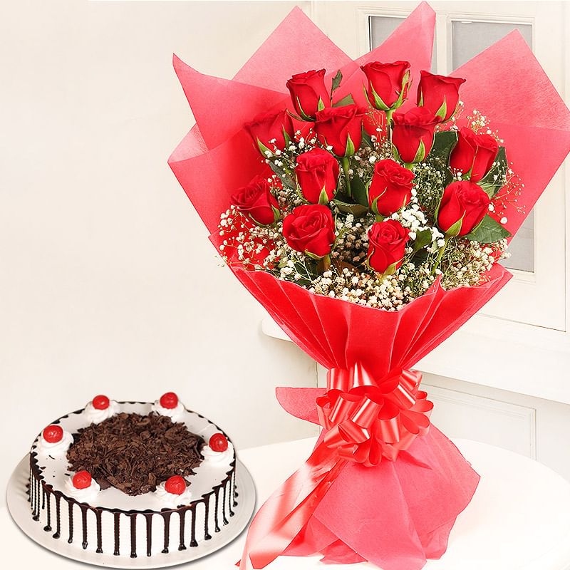 Red Foresty Combo - Bunch of 12 Red Roses with 1 Kg Black Forest Cake