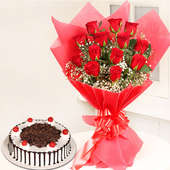 Red Foresty Combo - Bunch of 12 Red Roses with 1 Kg Black Forest Cake