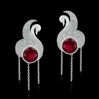 Red Gem Radiant Silver Peacock Earrings