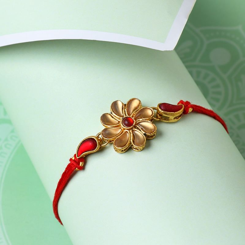 Red And Gold Kundan Rakhi - Single Ethnic Rakhi