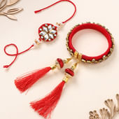 Set of Red Kundan Rakhi Bracelet for Bhabhi & Bhai Rakhi
