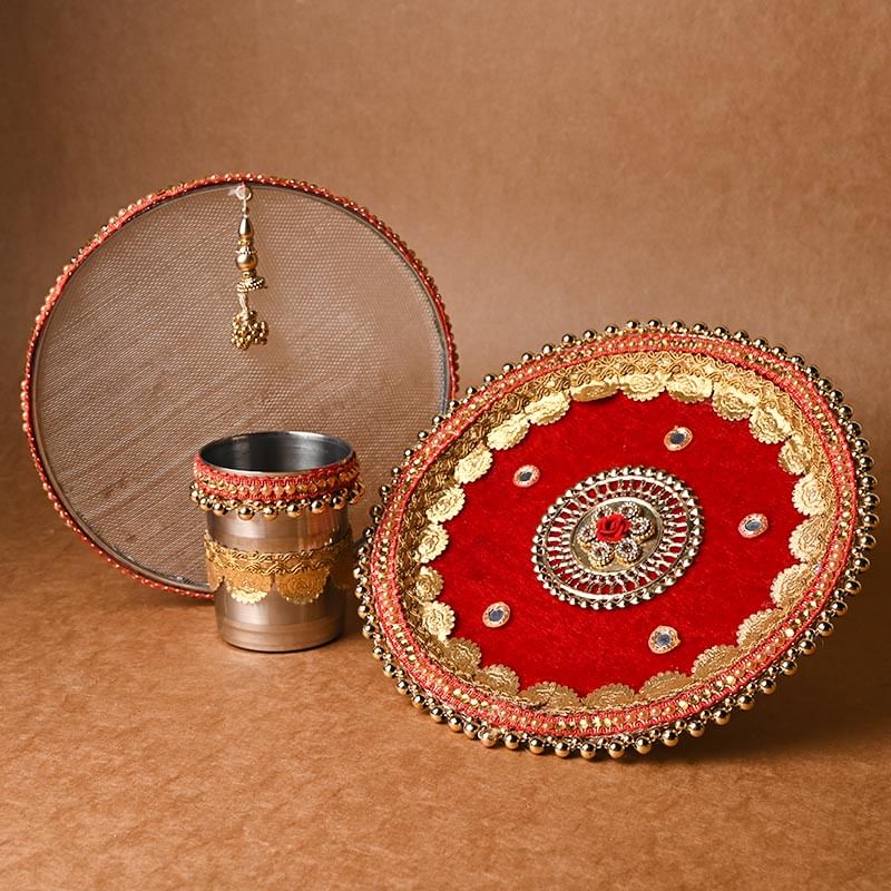 Red Lace Karwa Chauth Thali Set Online