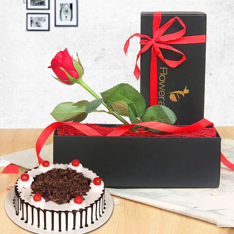 Red N Black Combo - Single Red Rose with 500gm Black Forest Cake
