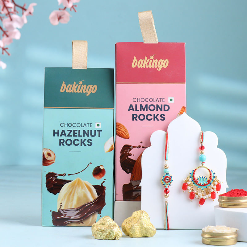 Red N Blue Bhaiya Bhabhi Rakhis With Choco Rocks