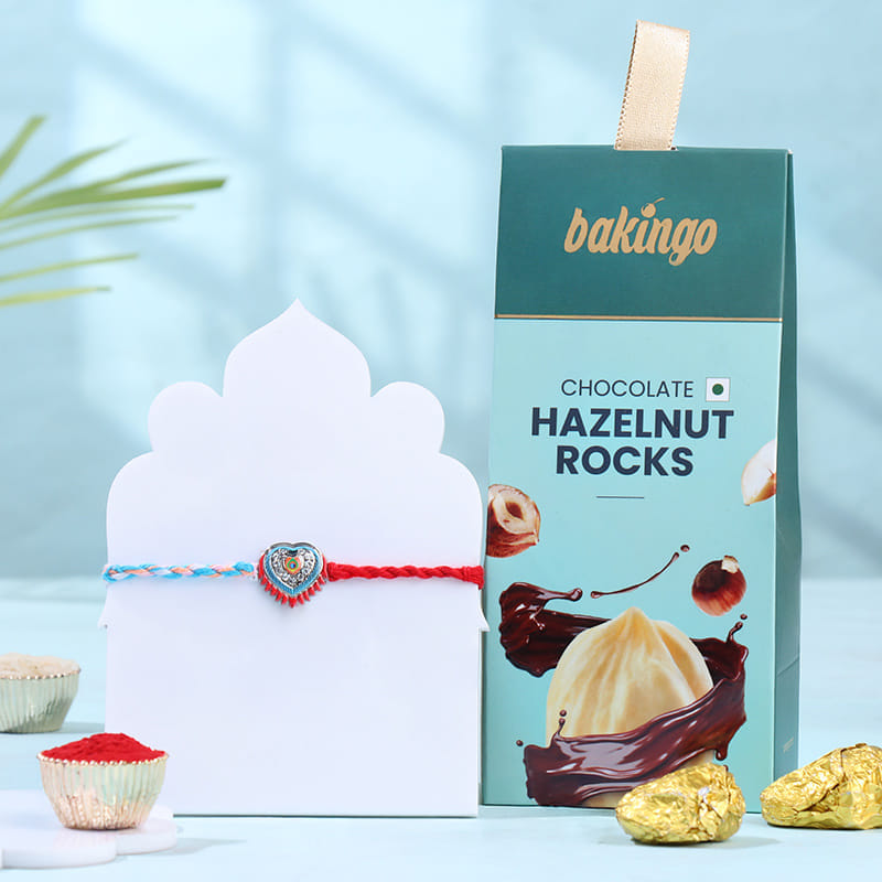 Red N Blue Heart Rakhi With Hazelnut Rocks