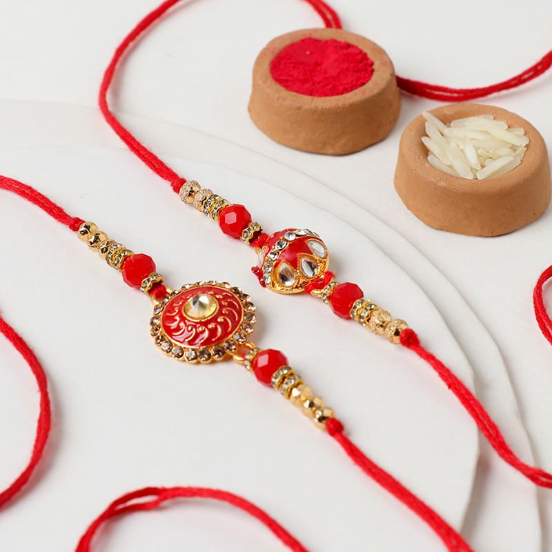 Red N Gold Stone Rakhi Set of 2