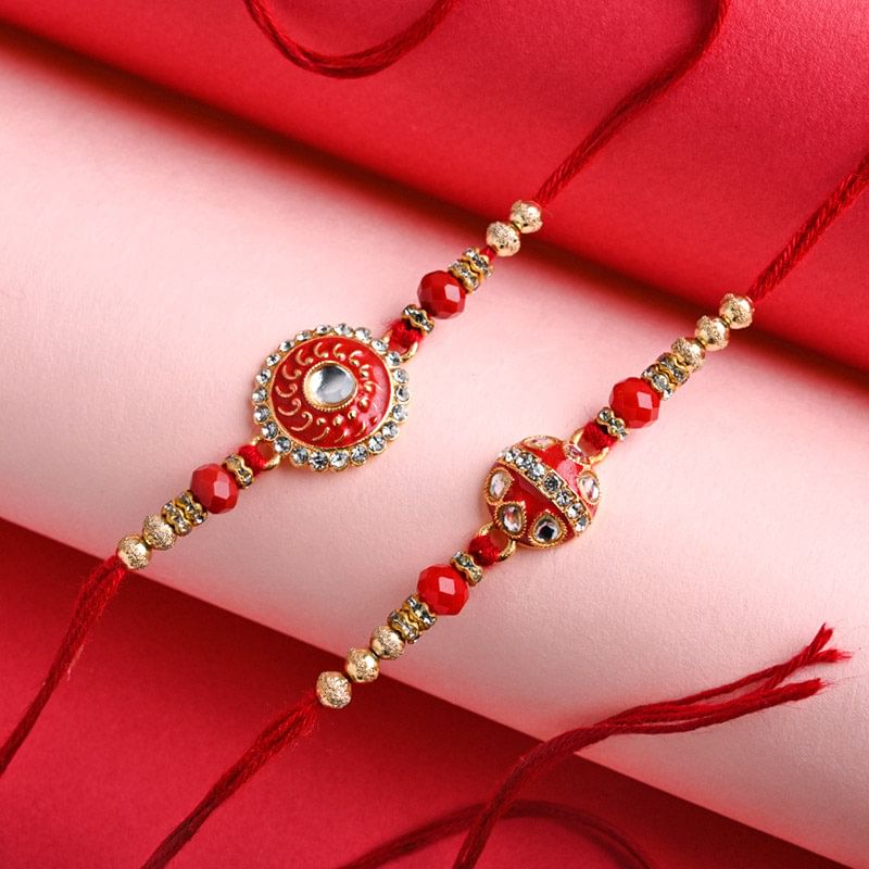 Order Fancy rakhi Online For Brother - Red N Gold Stones Engraved Rakhi Duo