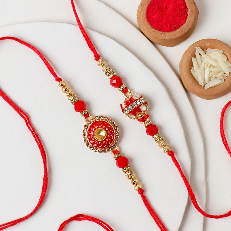 Set of 2 Red N Gold Stone Rakhi