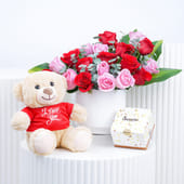 Red N Pink Roses With Teddy N Chocolates