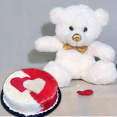 Red N White Combo - 12 Inch Teddy with 1 Kg Red Velvet Cake