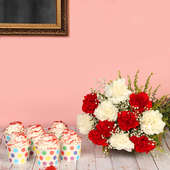 Red N White Delish Combo - Bunch of 12 Carnations with 6 Red Velvet Cup Cakes