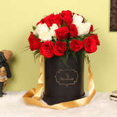Red N White Love - Bouquet of 34 Red and White Roses in Black Flower Box