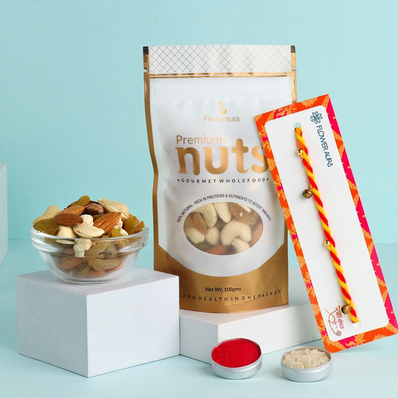 Designer Mauli Rakhi with Mixed Dry Fruits (Rakhi with Dry Fruit)