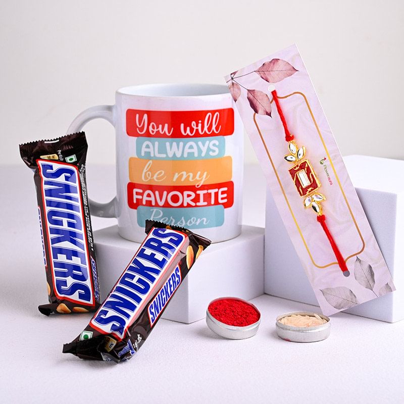 Red Rectangle Rakhi With Snickers N Printed Mug (Rakhi with Chocolates)