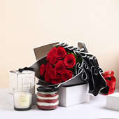 Red Rose Bouquet Candle N Red Velvet Jar Cake