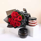 Red Rose Bouquet With Red Velvet N Choco Jar Cake