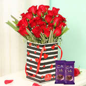 Red Rose Box With Dairy Milk Silk - Bunch of 20 Red Roses with Love Flower Box and 2 Dairy Milk Silk