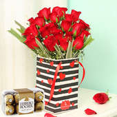Red Rose Bunch With Ferrero Rochers - Bunch of 20 Red Roses with Love Flower Box and Pack of 16 Ferrero Rochers