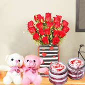 Red Rose Bunch With Jar Cake N Teddy - Bunch of 20 Red Roses with Love Flower Box and Pair of Red Velvet Jar Cakes and Two Teddies