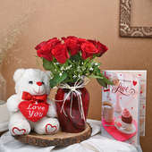 Red Roses Greeting Card N Teddy Flowers Combo Online