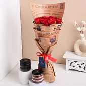 Red Roses In Eco Friendly Wrap With Jar Cakes