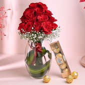 Red Roses in Glass Vase With Ferrero Rocher