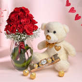 Red Roses in Vase with Teddy n Ferrero Rocher 