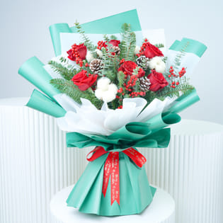Red Roses N Cotton Flowers Xmas Bouquet
