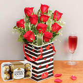 Red Roses Rocher Combo - Bunch of 10 Red Roses and Love Flower Box and Pack of 16 Ferrero Rochers