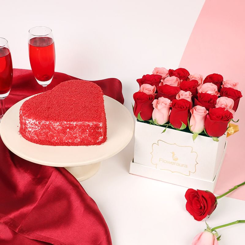 Red Rosey Velvet Cake: Bouquet of 20 Red and Pink Roses and 500gm Red Velvet Heart Cake