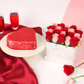 Red Rosey Velvet Cake: Bouquet of 20 Red and Pink Roses and 500gm Red Velvet Heart Cake