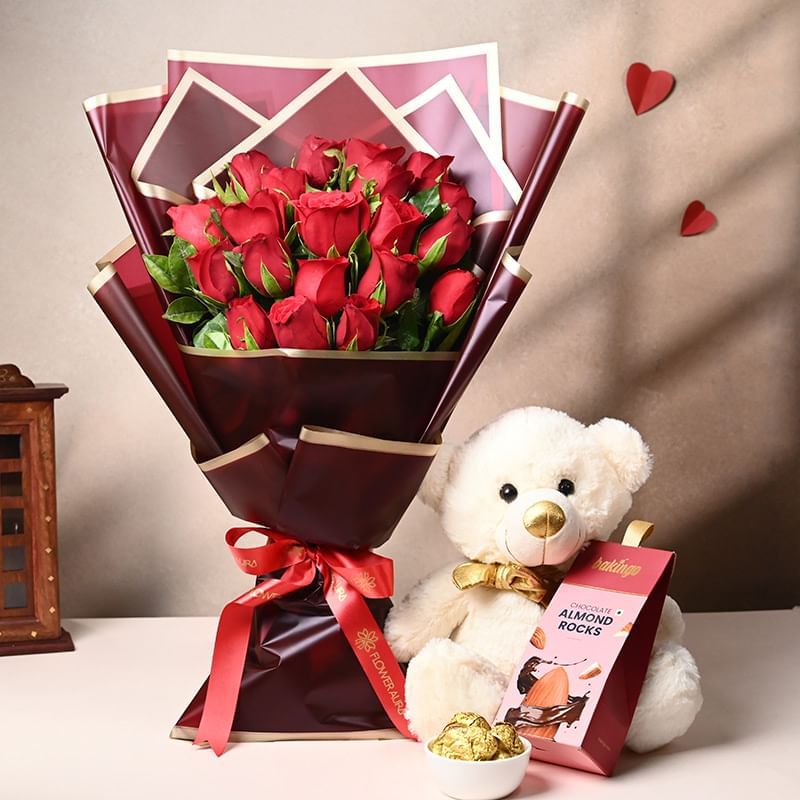 Red Rosy Love Teddy N Treats Gift