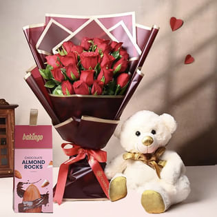 Red Rosy Love Teddy N Treats Gift