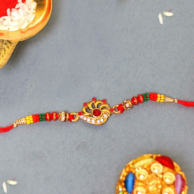 Red Stone Rakhi - One Stone Rakhi and Complimentary Roli Chawal