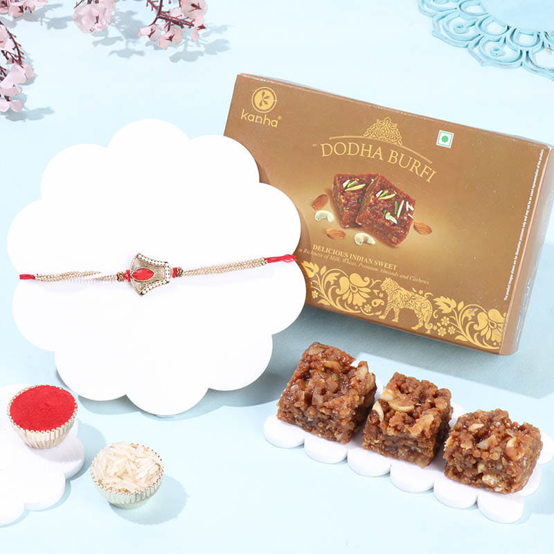 Red Stone Rakhi With Dodha Burfi