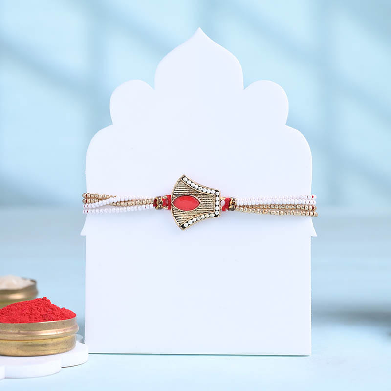 Red Stone Rakhi With Dodha Burfi