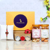 Red Stone Rakhi With Nuts N Cookies - One Stone Rakhi with Roli and Chawal and Mixed Dry Fruits and Coconut Cookies and One Floweraura Signature Box