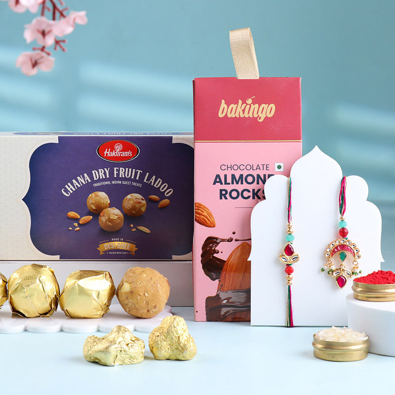 Red Stones Bhaiya Bhabhi Rakhis With Sweets Treats