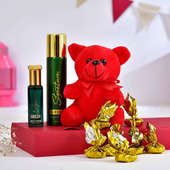 Red Teddy With Chocolates N Perfumes Valentine Hamper