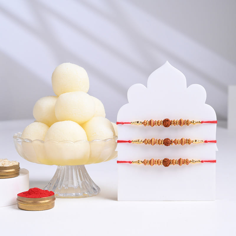 Red Thread Rudraksha Rakhi Trio with Rasgullas
